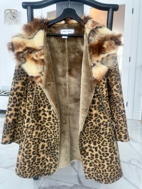Minnie Rose Leopard-Print Faux Fur Pea Coat in Brown Tones